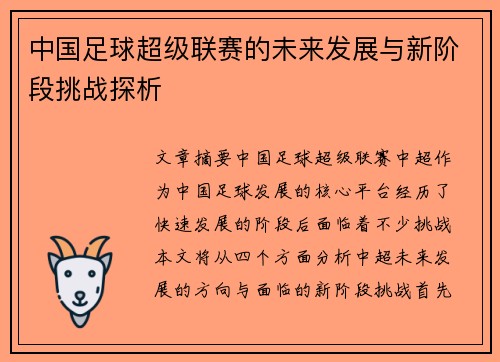 中国足球超级联赛的未来发展与新阶段挑战探析